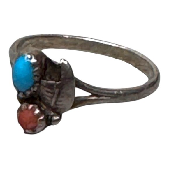 Vintage Navajo Old Pawn Turquoise Coral Sterling Silver Artisan Ring SW 5.75 - Picture 7 of 10